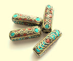 1 bead - Ethnic Nepal beads inlaid brass bead Long tubular brass bead turquoise inlaid from Nepal Tibetan Beads - BD392