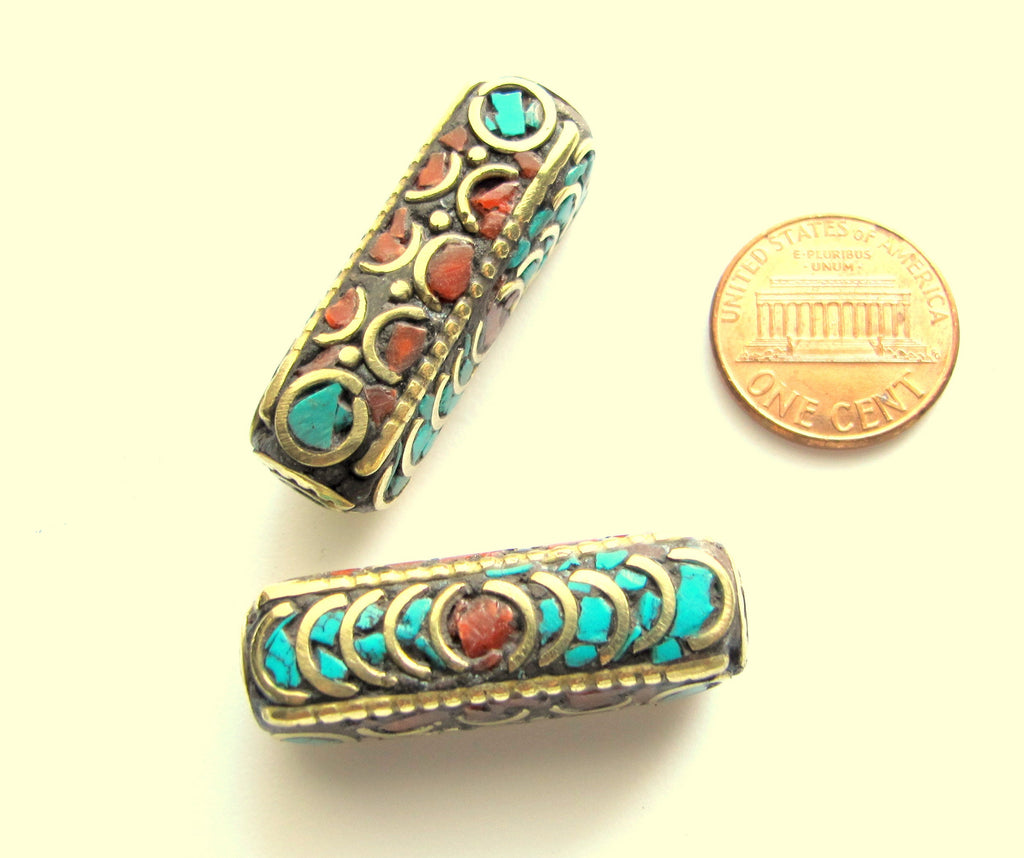 1 bead - Ethnic Nepal beads inlaid brass bead Long tubular brass bead turquoise inlaid from Nepal Tibetan Beads - BD392