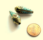 1 bead - Beautiful Ethnic Nepal Bead teardrop shape Tibetan brass beads turquoise inlaid drop beads from Nepal - BD248