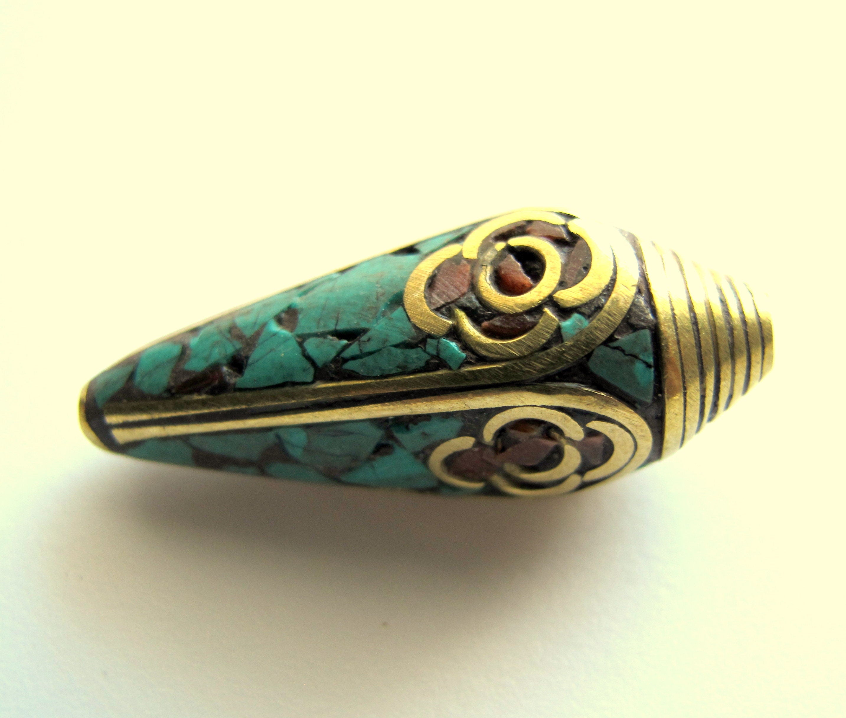 1 bead - Beautiful Ethnic Nepal Bead teardrop shape Tibetan brass beads turquoise inlaid drop beads from Nepal - BD248