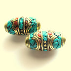 Tibetan beads nepal brass bead inlaid beads with and turquoise - 1 bead - BD251