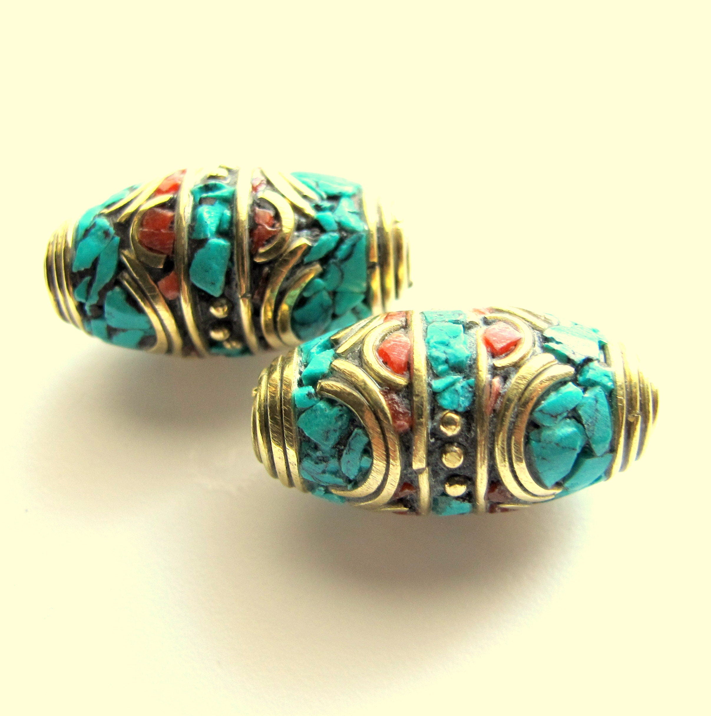 Tibetan beads nepal brass bead inlaid beads with and turquoise - 1 bead - BD251