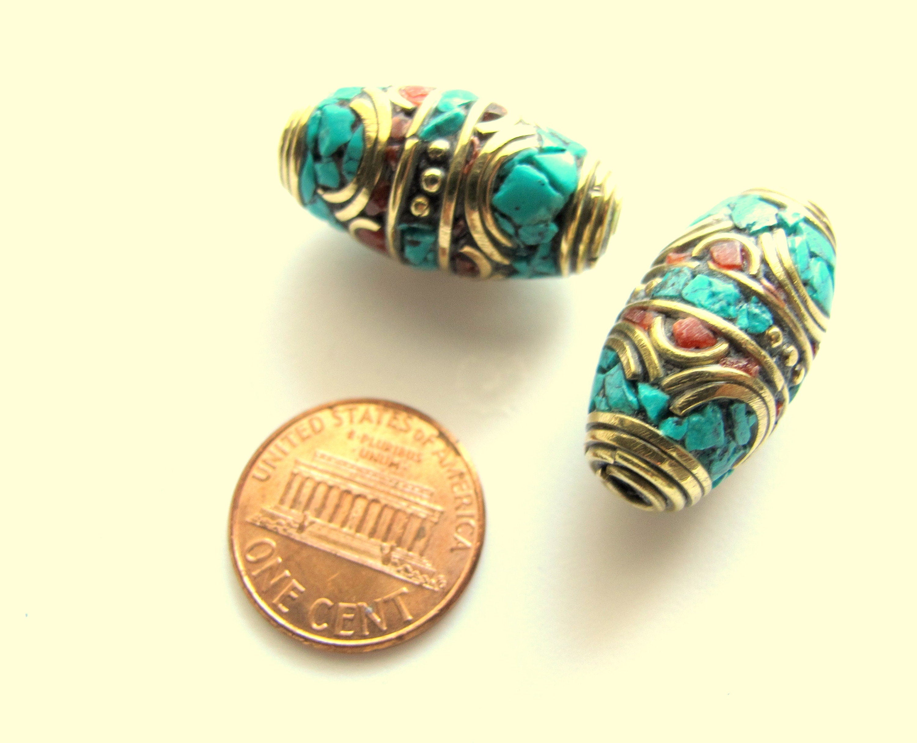 Tibetan beads nepal brass bead inlaid beads with and turquoise - 1 bead - BD251