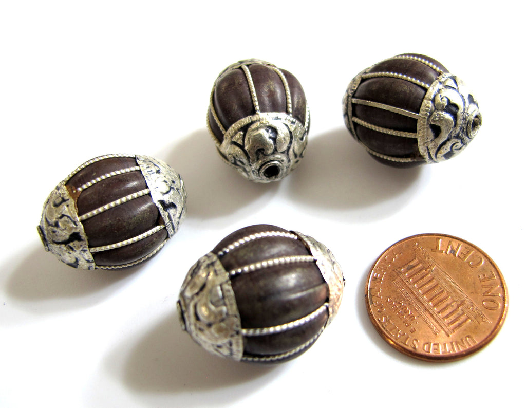 1 Bead - Tibetan silver capped carnelian agate beads from Nepal - BD250