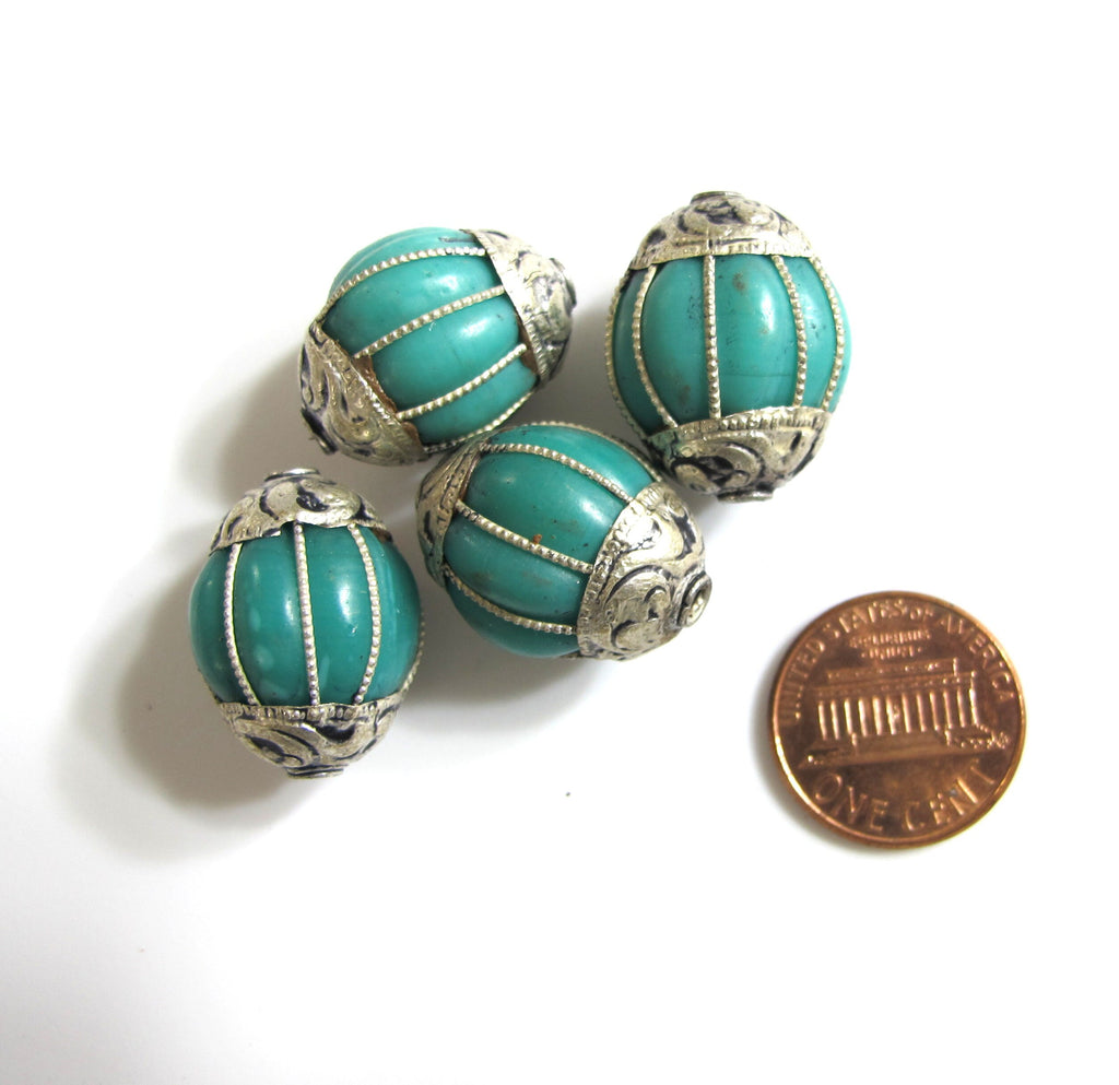 1 Bead - Tibetan silver capped turquoise gemstone beads from Nepal Tibetan beads Nepal beads - BD403