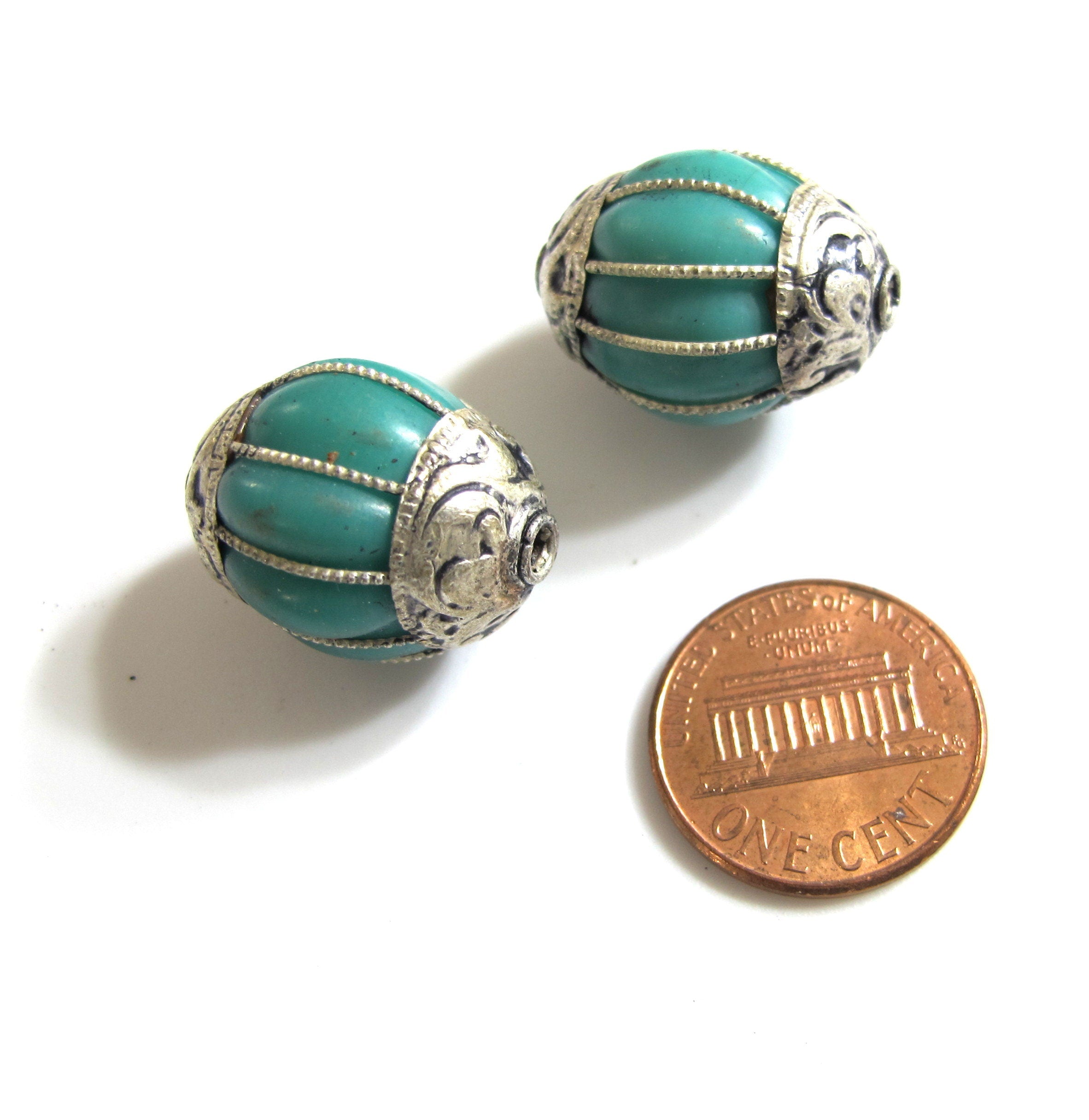 1 Bead - Tibetan silver capped turquoise gemstone beads from Nepal Tibetan beads Nepal beads - BD403