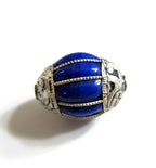1 Bead - Tibetan silver capped gemstone beads from Nepal beads tibetan beads blue color grooved inlaid beads nepalbeadshop- BD391