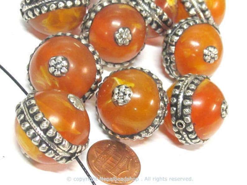 1 BEAD - Tibetan antiqued silver finish encased thick Resin bead Nepal focal beads - BD458