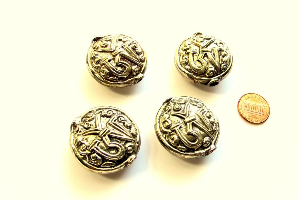 1 Bead - Large size Tibetan silver OM inscribed floral repousse beads round disc shape om aum mantra yoga meditation bead supply - BD140A