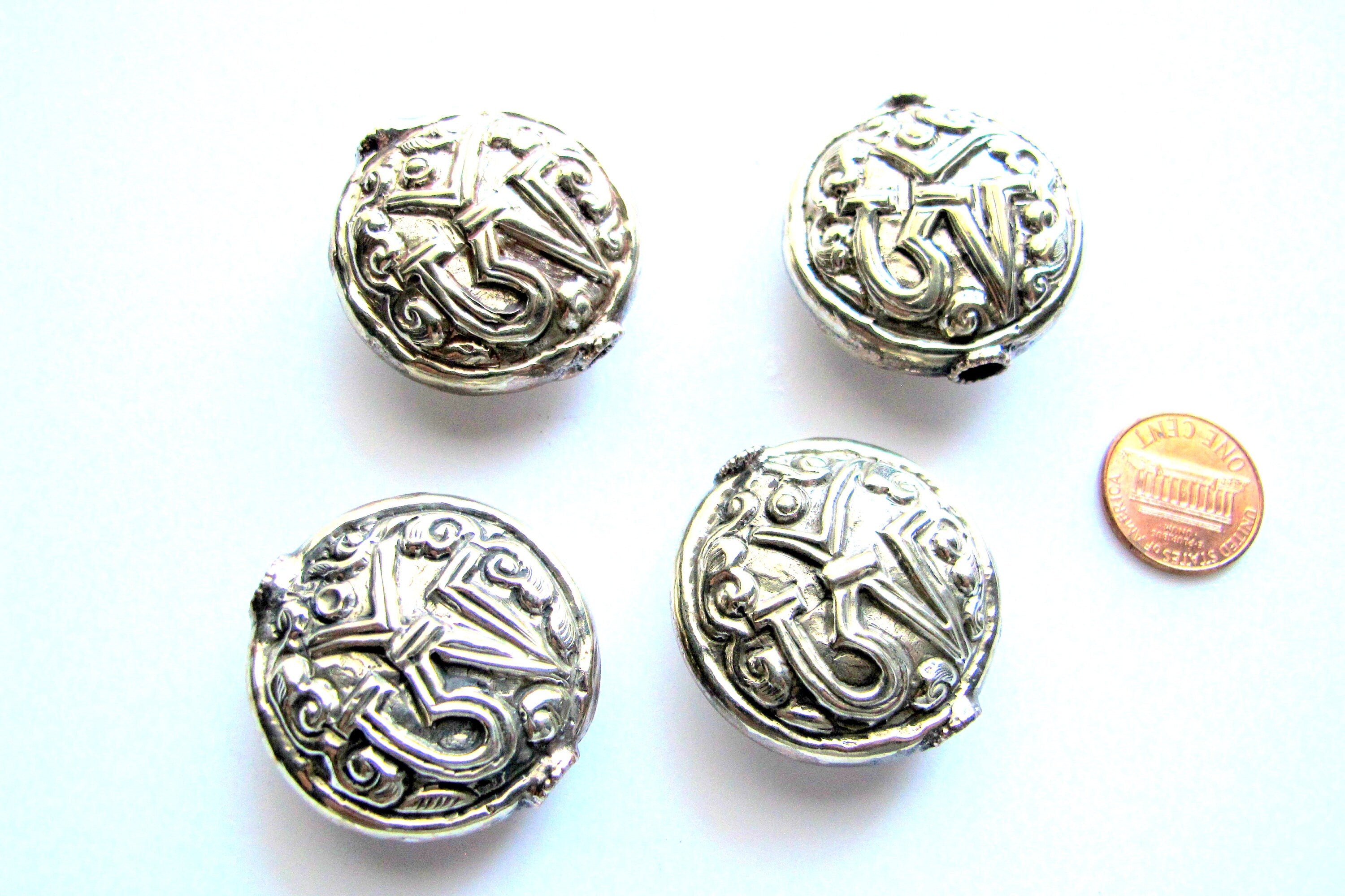 1 Bead - Large size Tibetan silver OM inscribed floral repousse beads round disc shape om aum mantra yoga meditation bead supply - BD140A