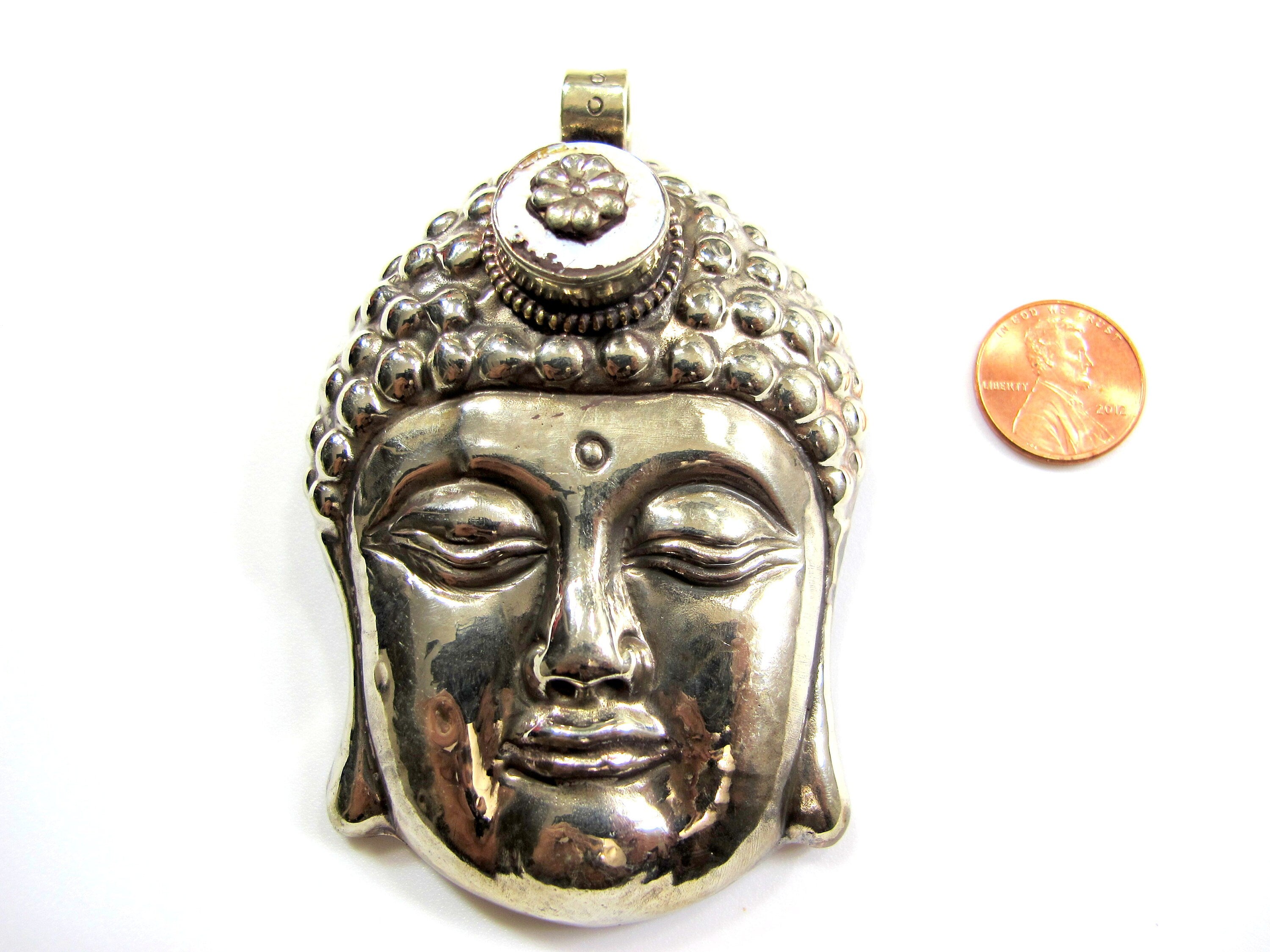 Unique OOAK Large big bold size Tibetan silver Buddha face pendant with pearl inlay lotus flower design Nepal Buddha jewelry- PM620