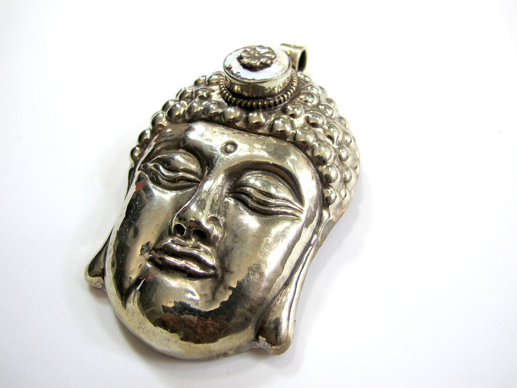 Unique OOAK Large big bold size Tibetan silver Buddha face pendant with pearl inlay lotus flower design Nepal Buddha jewelry- PM620