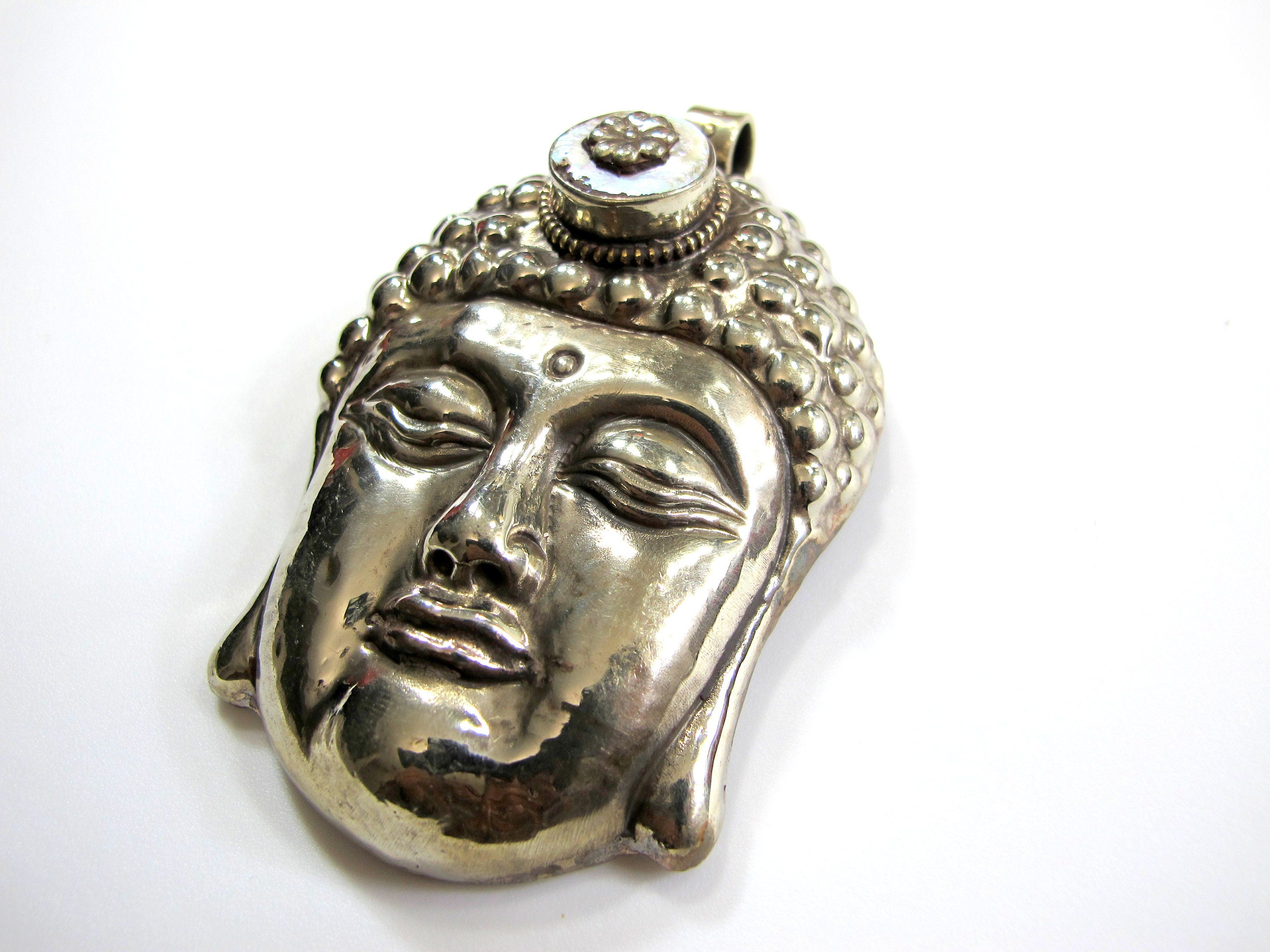 Unique OOAK Large big bold size Tibetan silver Buddha face pendant with pearl inlay lotus flower design Nepal Buddha jewelry- PM620
