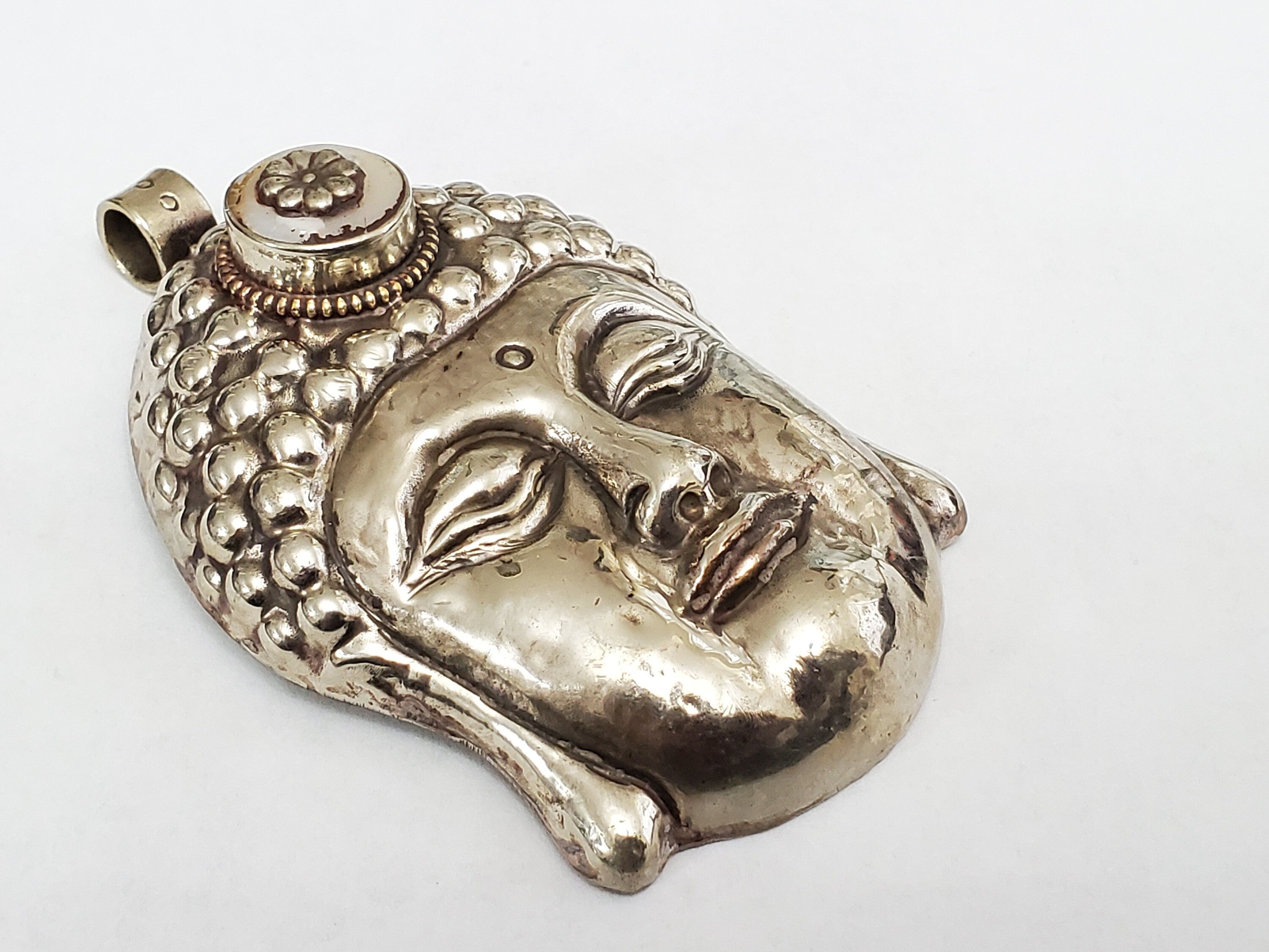 Unique OOAK Large big bold size Tibetan silver Buddha face pendant with pearl inlay lotus flower design Nepal Buddha jewelry- PM620
