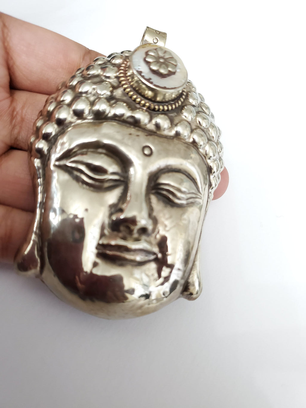 Unique OOAK Large big bold size Tibetan silver Buddha face pendant with pearl inlay lotus flower design Nepal Buddha jewelry- PM620