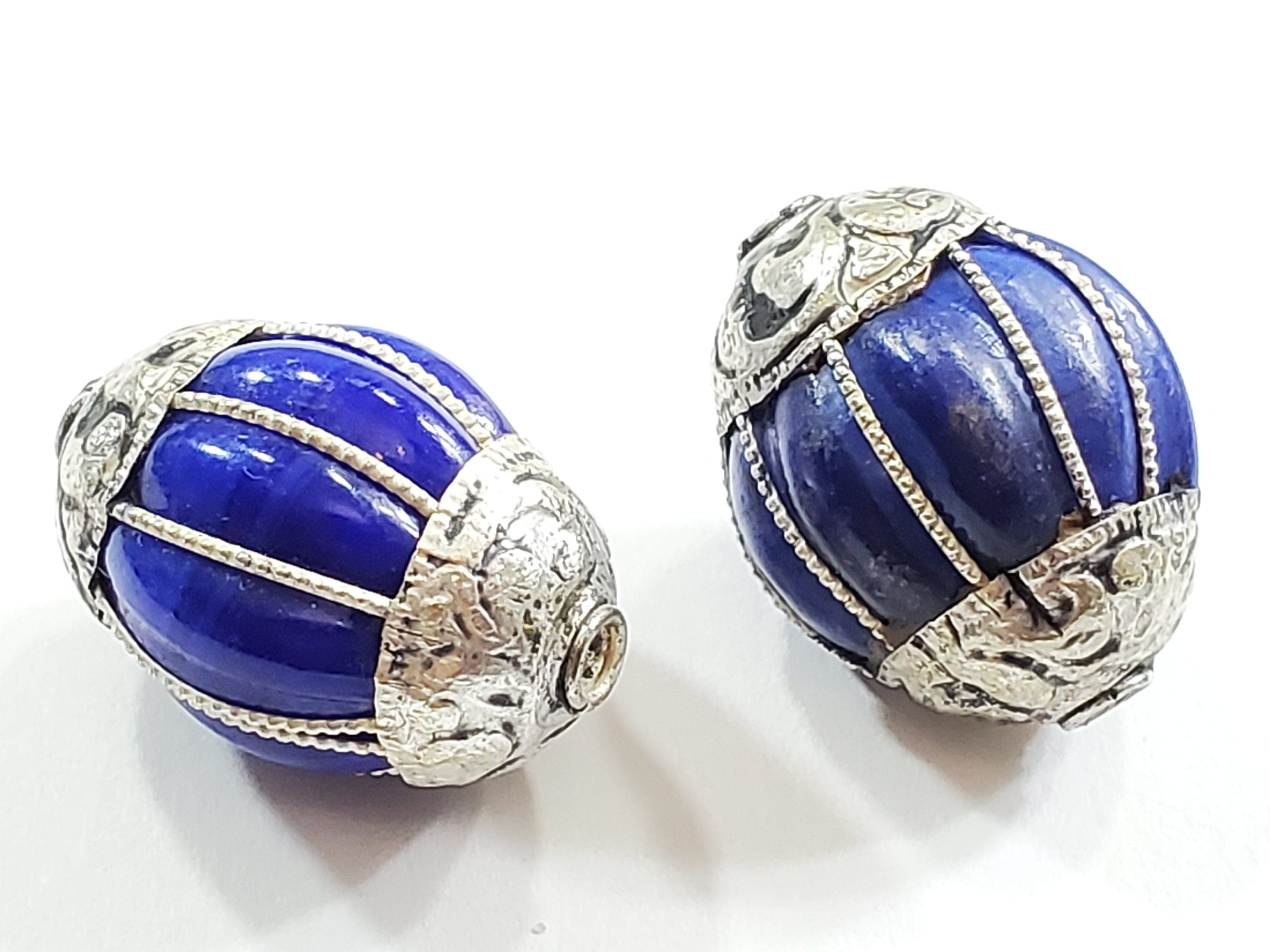 1 Bead - Tibetan silver capped gemstone beads from Nepal beads tibetan beads blue color grooved inlaid beads nepalbeadshop- BD391