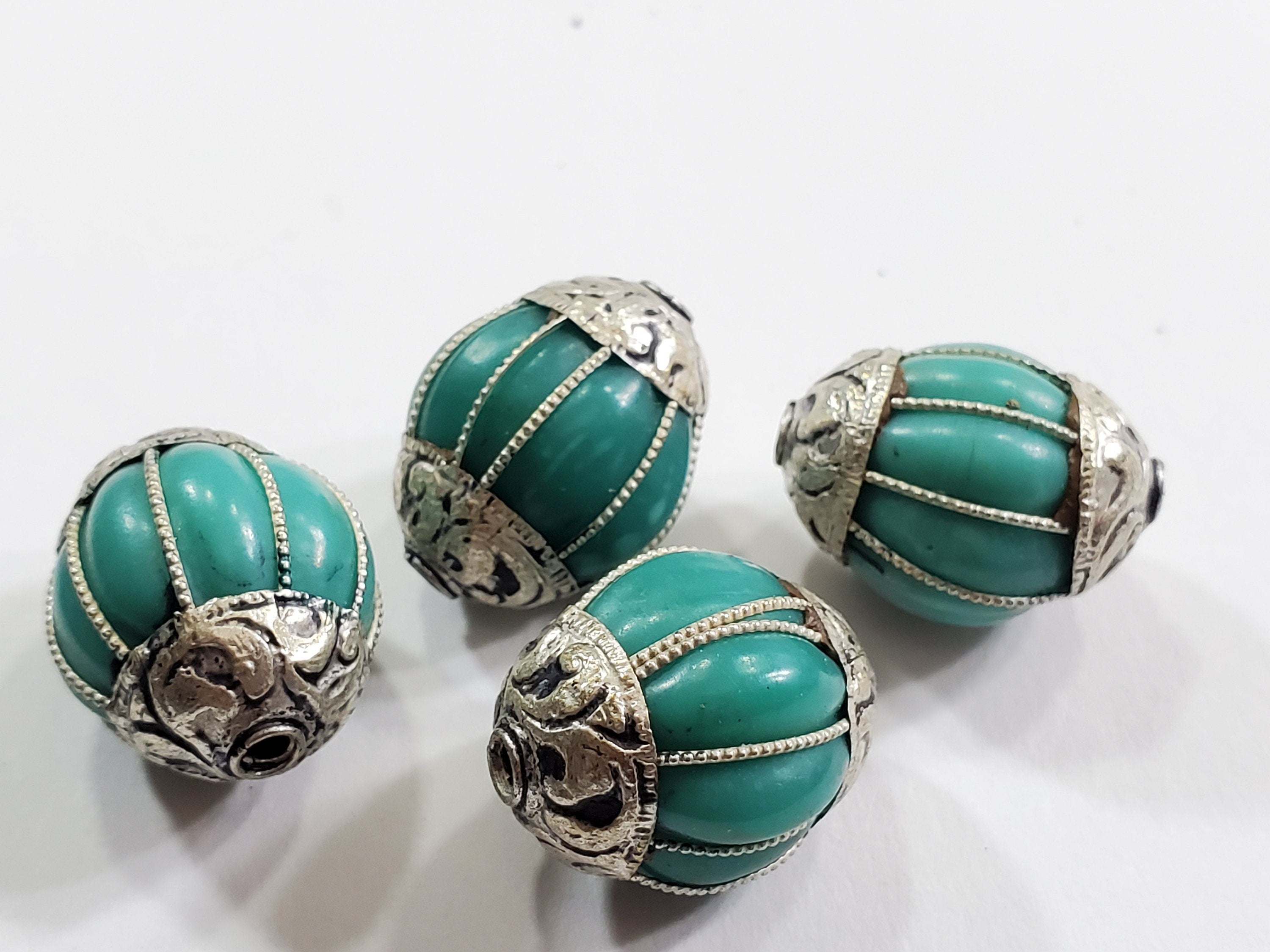 1 Bead - Tibetan silver capped turquoise gemstone beads from Nepal Tibetan beads Nepal beads - BD403