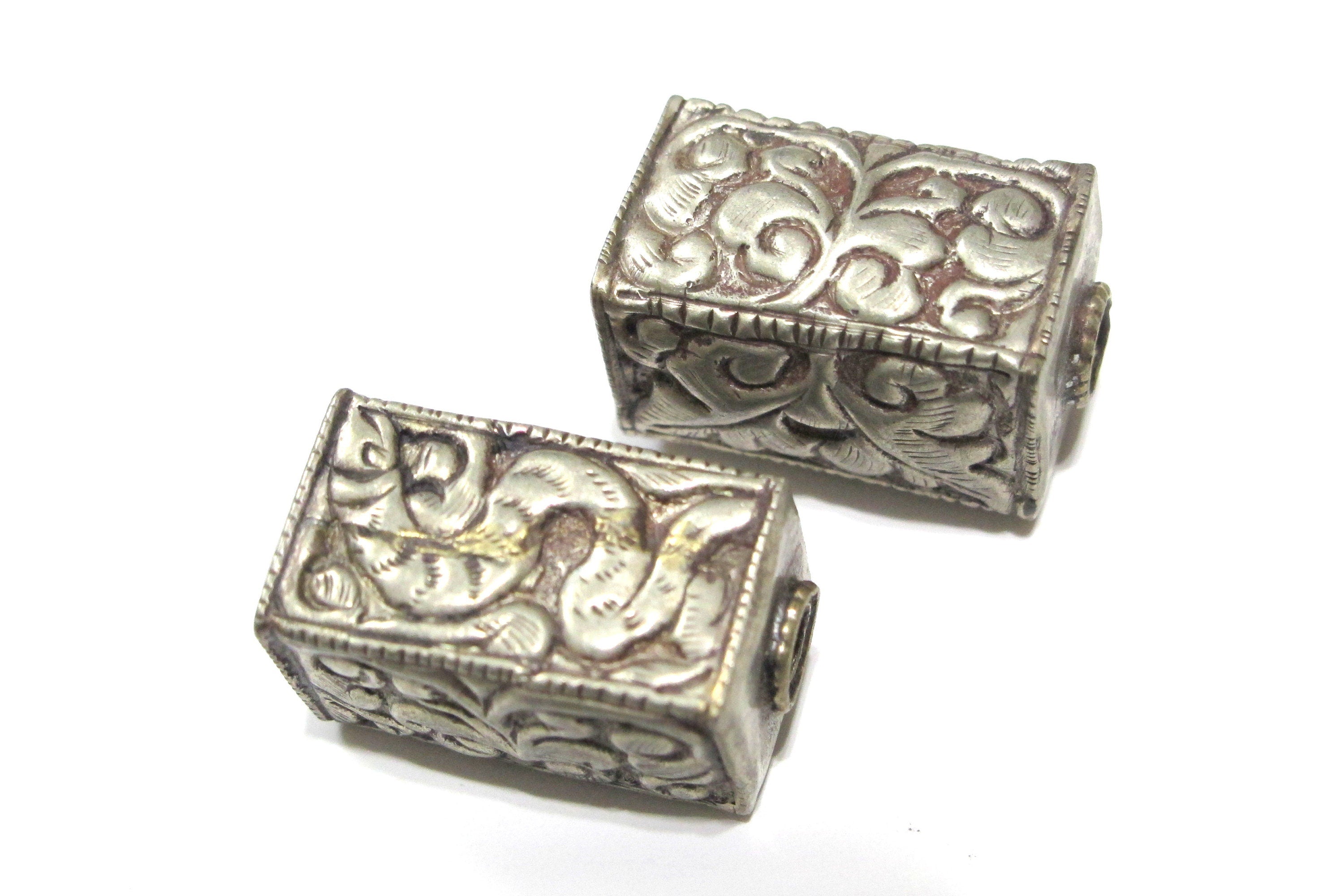 1 BEAD - Ethnic Tibetan beads Nepal bead Rectangular cube shape Tibetan silver repousse floral animal design bead Nepalbeadshop- BD339
