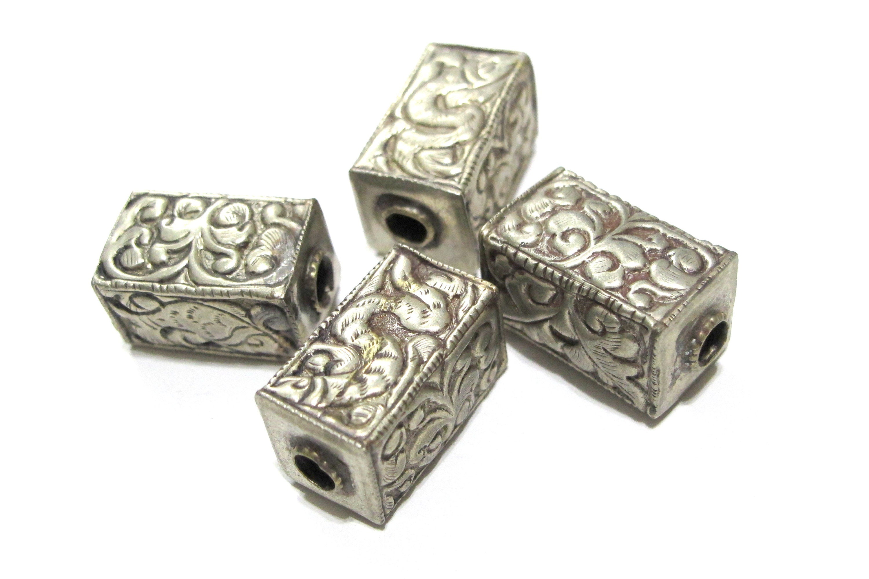 1 BEAD - Ethnic Tibetan beads Nepal bead Rectangular cube shape Tibetan silver repousse floral animal design bead Nepalbeadshop- BD339