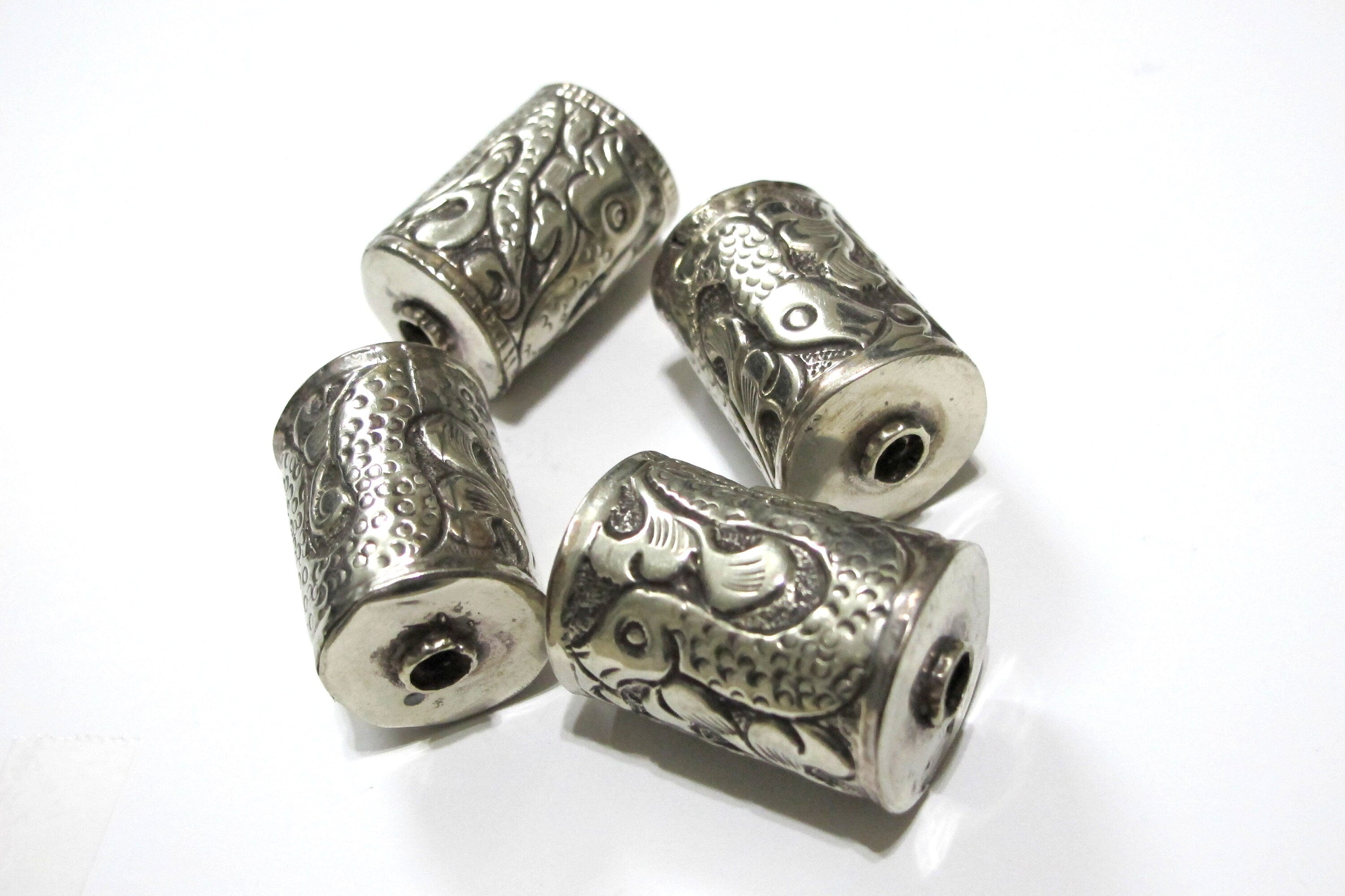 1 Bead - Ethnic tibetan bead Nepal bead Tibetan silver bead snake design cylinder focal pendant bead antiqued silver finish BD141