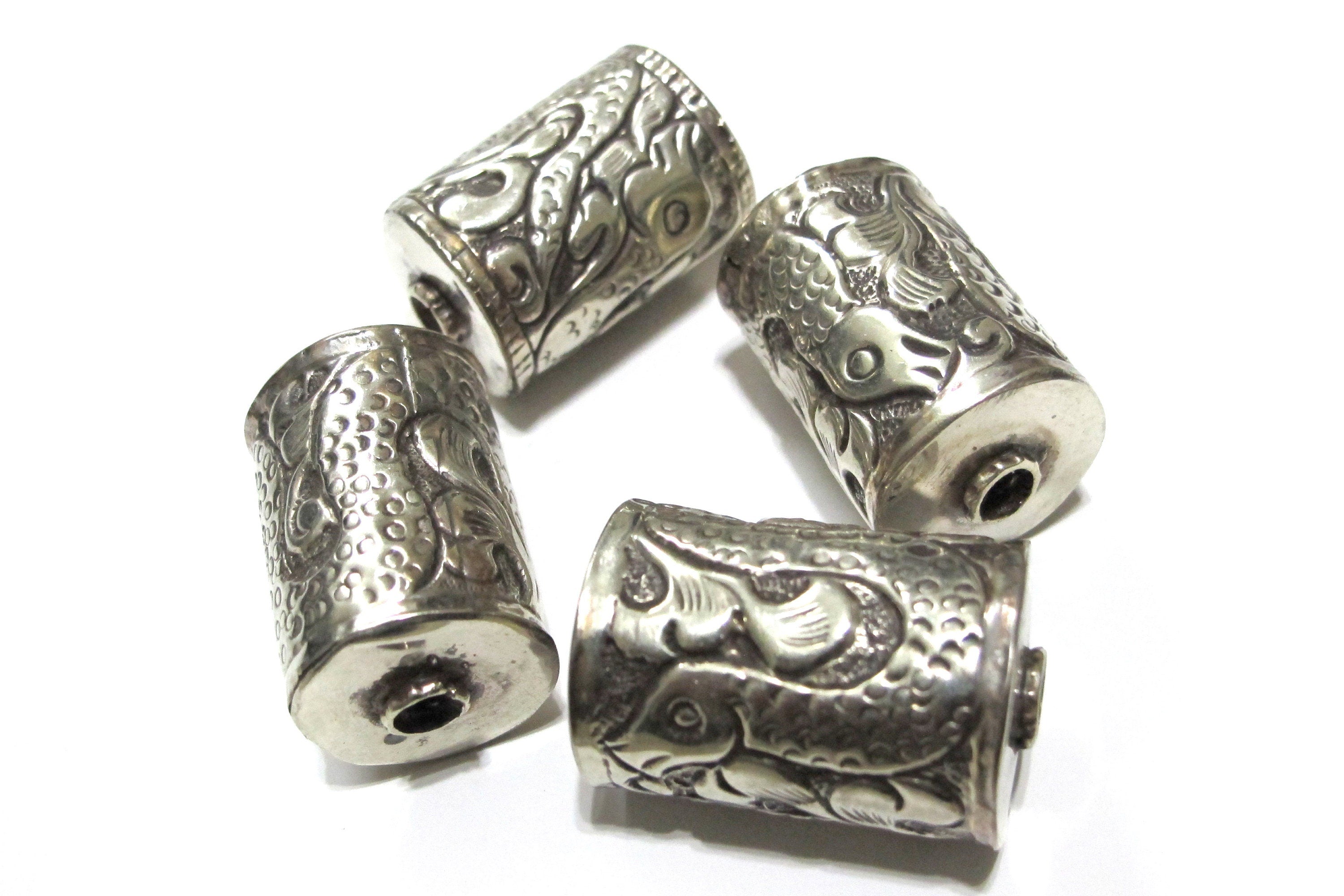1 Bead - Ethnic tibetan bead Nepal bead Tibetan silver bead snake design cylinder focal pendant bead antiqued silver finish BD141