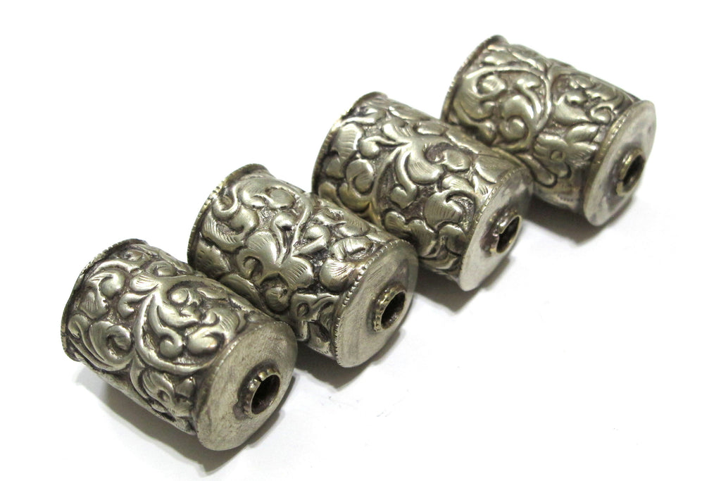 1 Bead - Large Tibetan silver bead floral carving cylinder scroll shape bead Nepal beads Ethnic beads Tibetan bead Nepalbeadshop - BD347