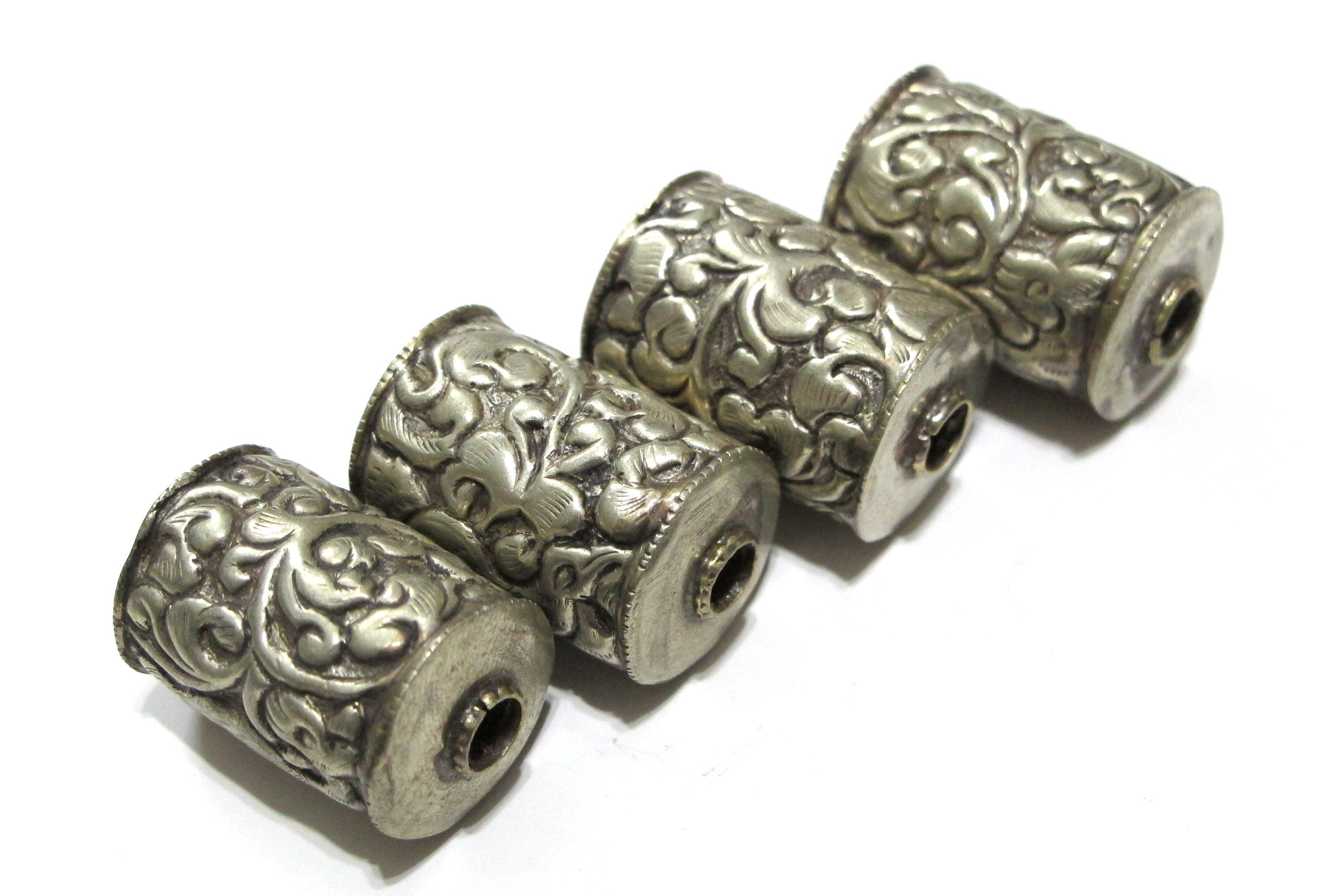1 Bead - Large Tibetan silver bead floral carving cylinder scroll shape bead Nepal beads Ethnic beads Tibetan bead Nepalbeadshop - BD347