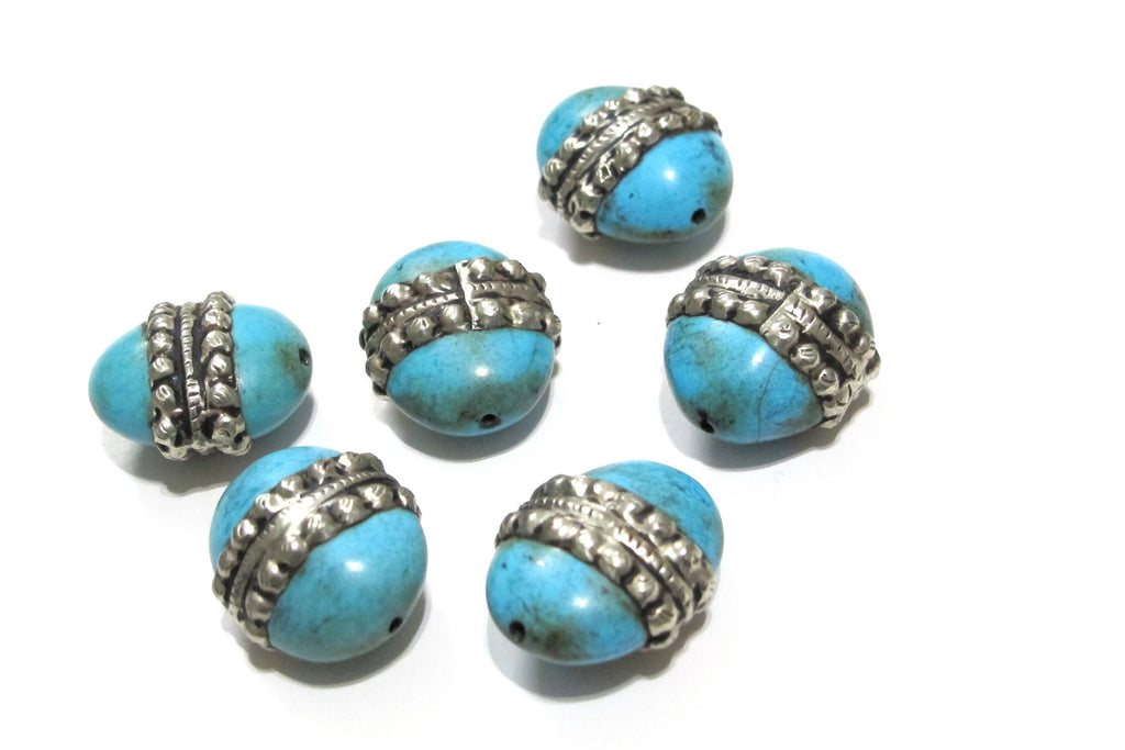 1 BEAD - Gorgeous Tibetan turquoise gemstone bead with tibetan silver color band Tibetan bead turquoise bead from nepal BD316