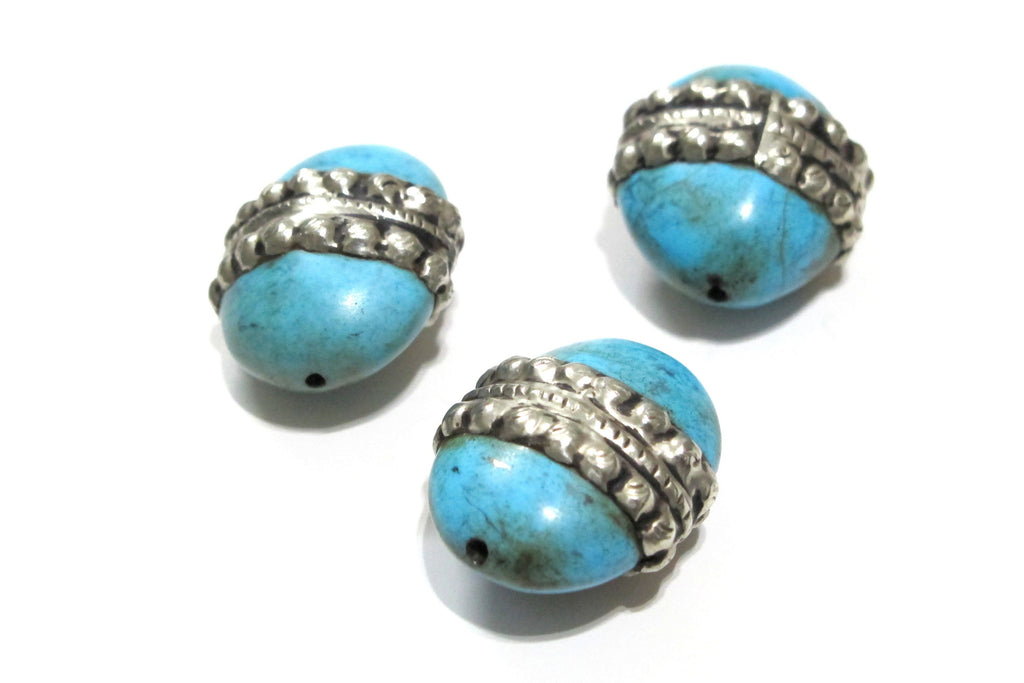 1 BEAD - Gorgeous Tibetan turquoise gemstone bead with tibetan silver color band Tibetan bead turquoise bead from nepal BD316