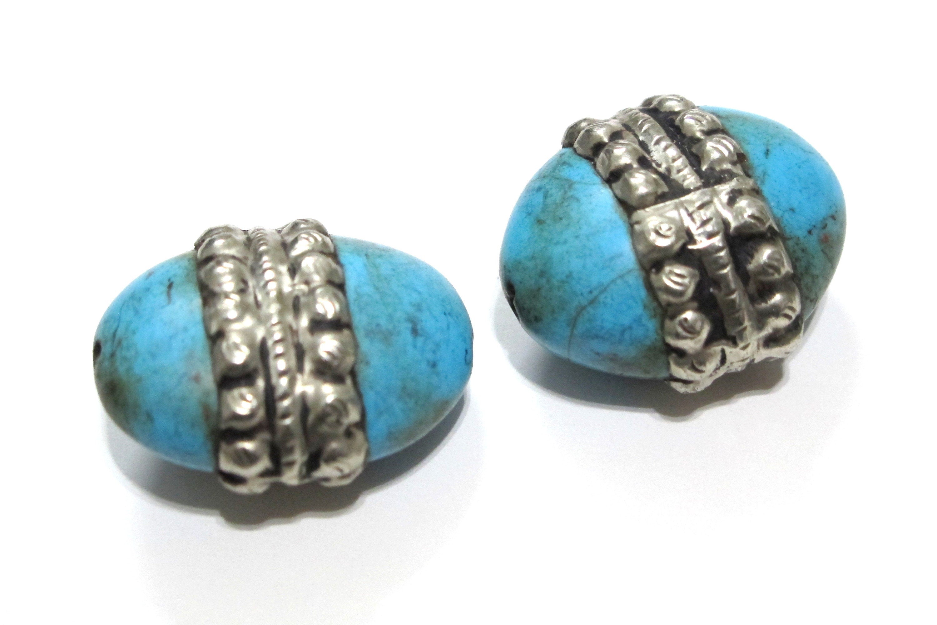 1 BEAD - Gorgeous Tibetan turquoise gemstone bead with tibetan silver color band Tibetan bead turquoise bead from nepal BD316