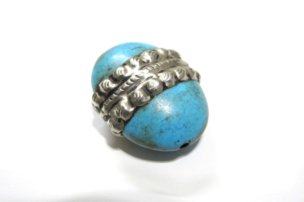 1 BEAD - Gorgeous Tibetan turquoise gemstone bead with tibetan silver color band Tibetan bead turquoise bead from nepal BD316