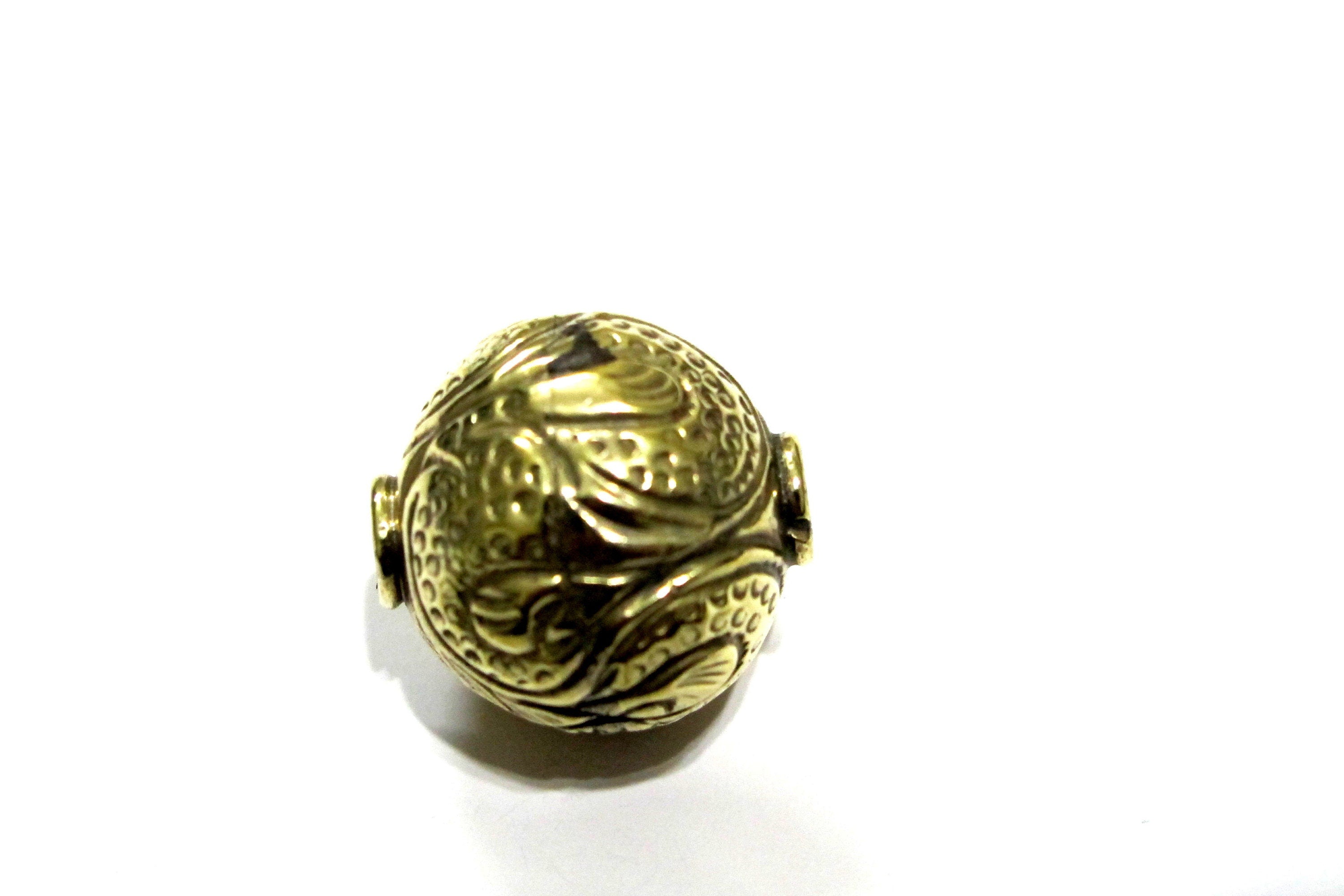 1 BEAD - Large Size 20 -21 mm Tibetan brass repousse floral dragon design beads - Antiqued Rustic finish Nepal brass beads BD358