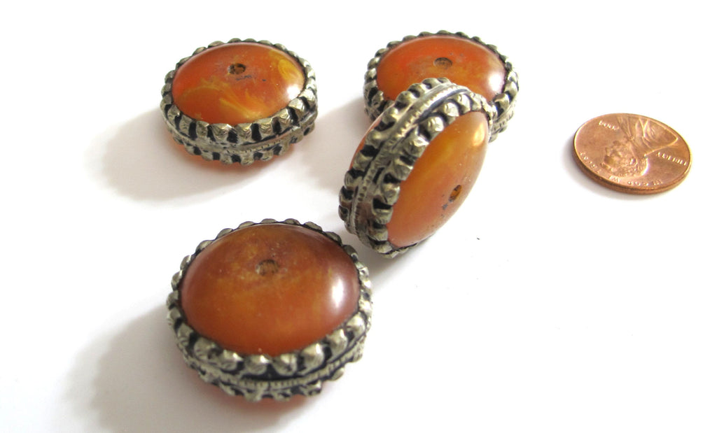 1 BEAD - Tibetan bead copal bead Beautiful large disc wheel shape tibetan silver encased honey copal resin focal pendant bead - BD168