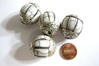8 Beads - Tibetan bead white cream color crackle resin silver color capped floral design bead Nepal beads big bold size - BD452
