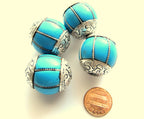 1 Bead- Large grooved melon shape Tibetan silver blue copal resin bead - BD283