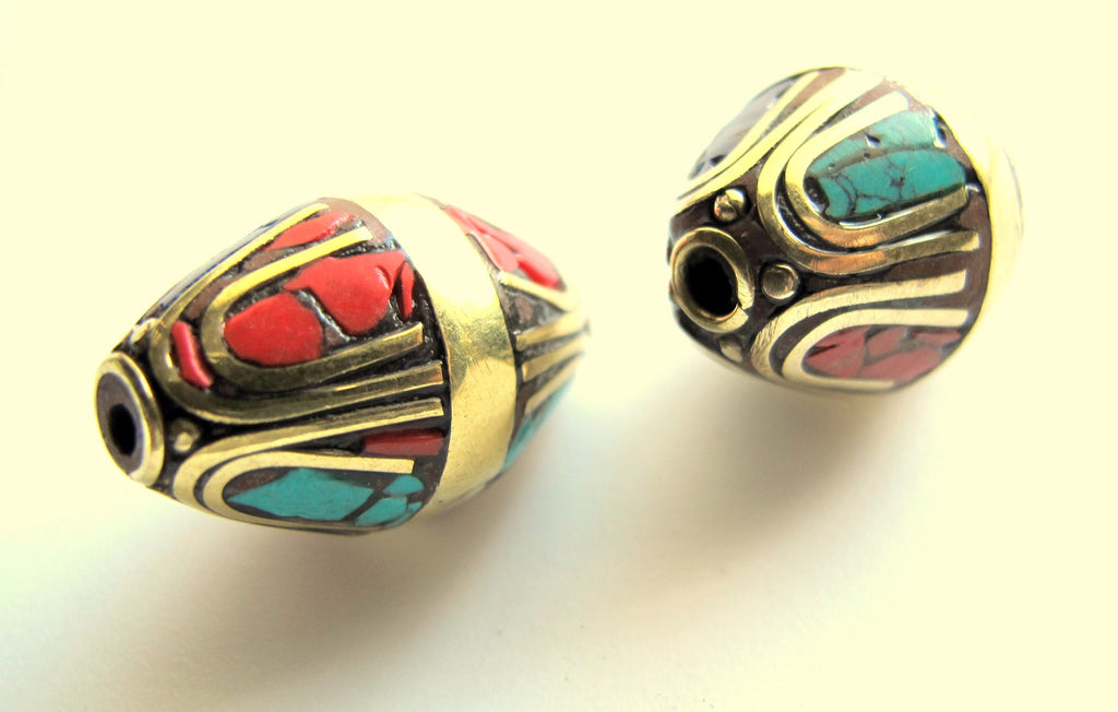 1 BEAD - Large bicone shape Tibetan brass beads with turquoise and lapis inlay ethnic nepal beads tibetan beads inlaid beads - BD139