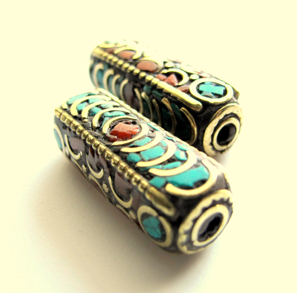 1 bead - Ethnic Nepal beads inlaid brass bead Long tubular brass bead turquoise inlaid from Nepal Tibetan Beads - BD392