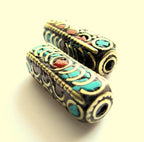 1 bead - Ethnic Nepal beads inlaid brass bead Long tubular brass bead turquoise inlaid from Nepal Tibetan Beads - BD392
