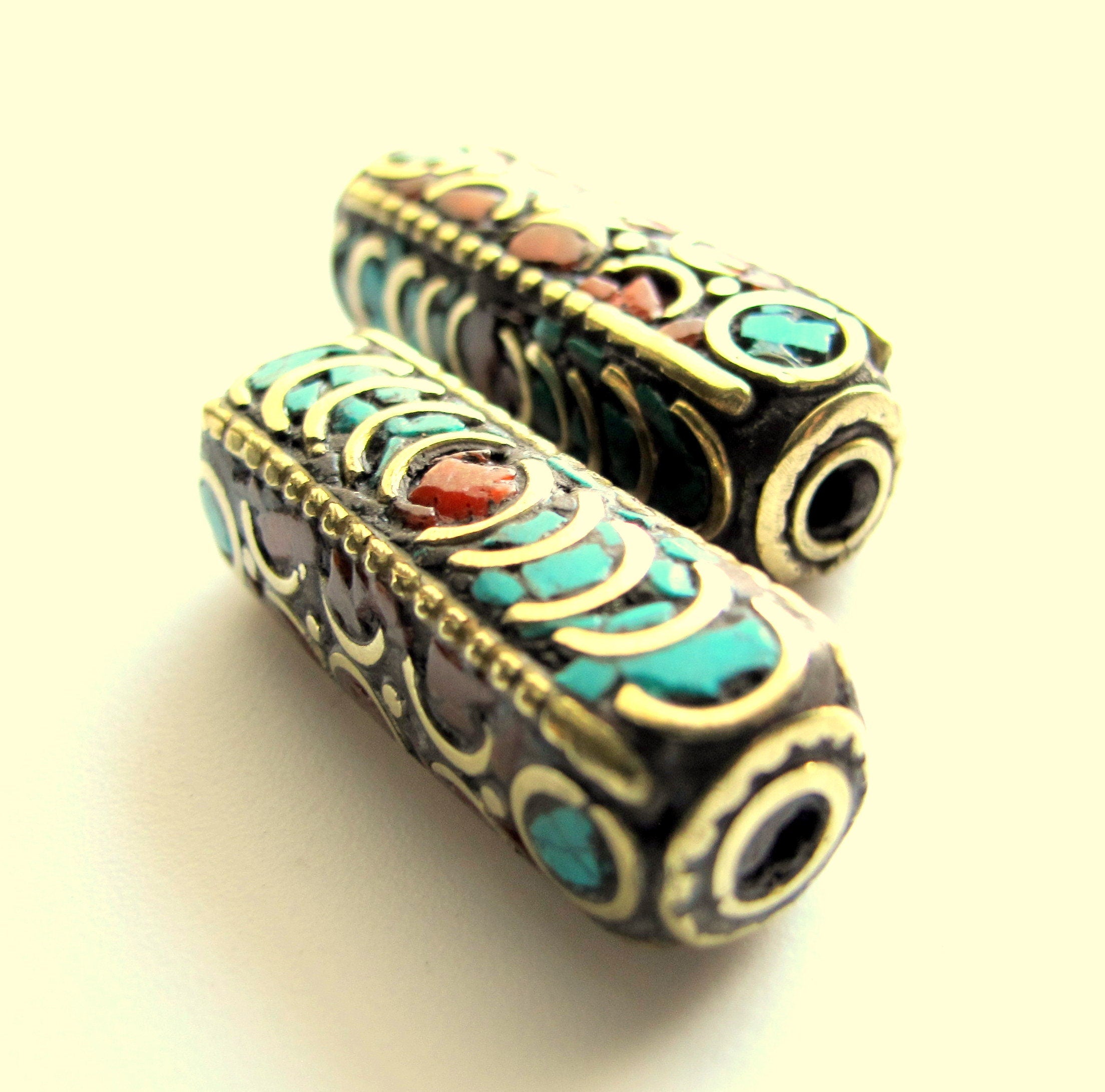 1 bead - Ethnic Nepal beads inlaid brass bead Long tubular brass bead turquoise inlaid from Nepal Tibetan Beads - BD392
