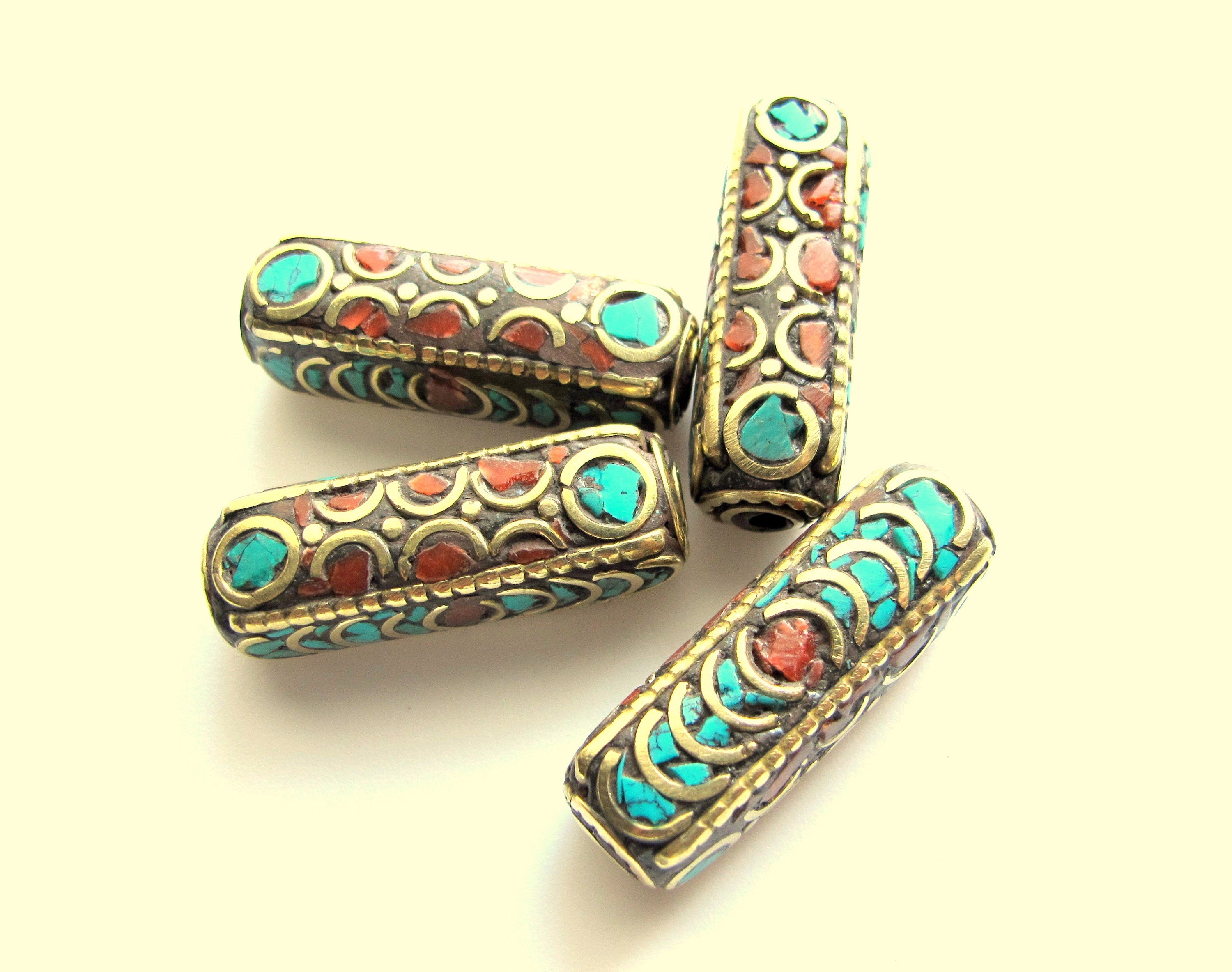 1 bead - Ethnic Nepal beads inlaid brass bead Long tubular brass bead turquoise inlaid from Nepal Tibetan Beads - BD392