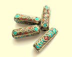 1 bead - Ethnic Nepal beads inlaid brass bead Long tubular brass bead turquoise inlaid from Nepal Tibetan Beads - BD392