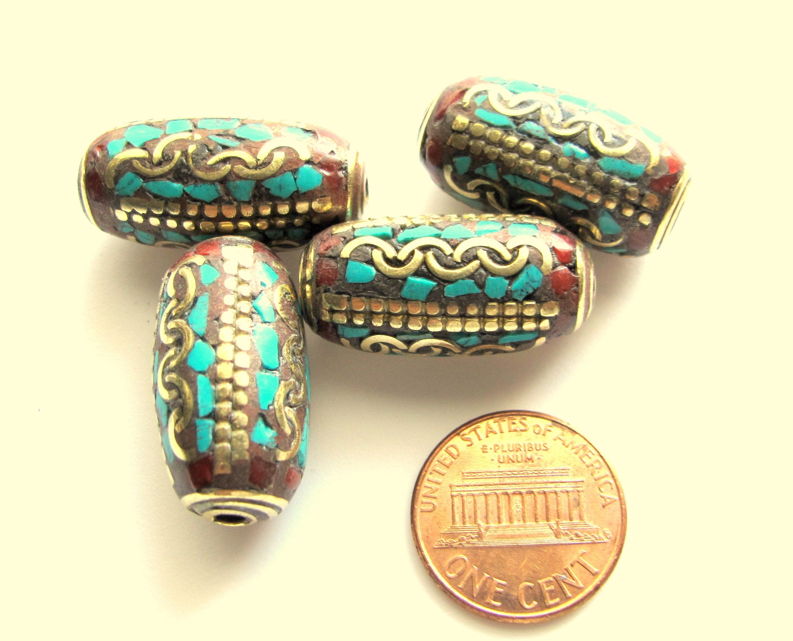 1 bead - Ethnic Nepal brass beads with turquoise inlay Tibetan beads nepalbeadshop - BD447