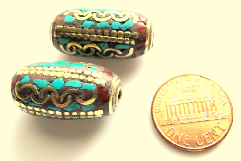 1 bead - Ethnic Nepal brass beads with turquoise inlay Tibetan beads nepalbeadshop - BD447