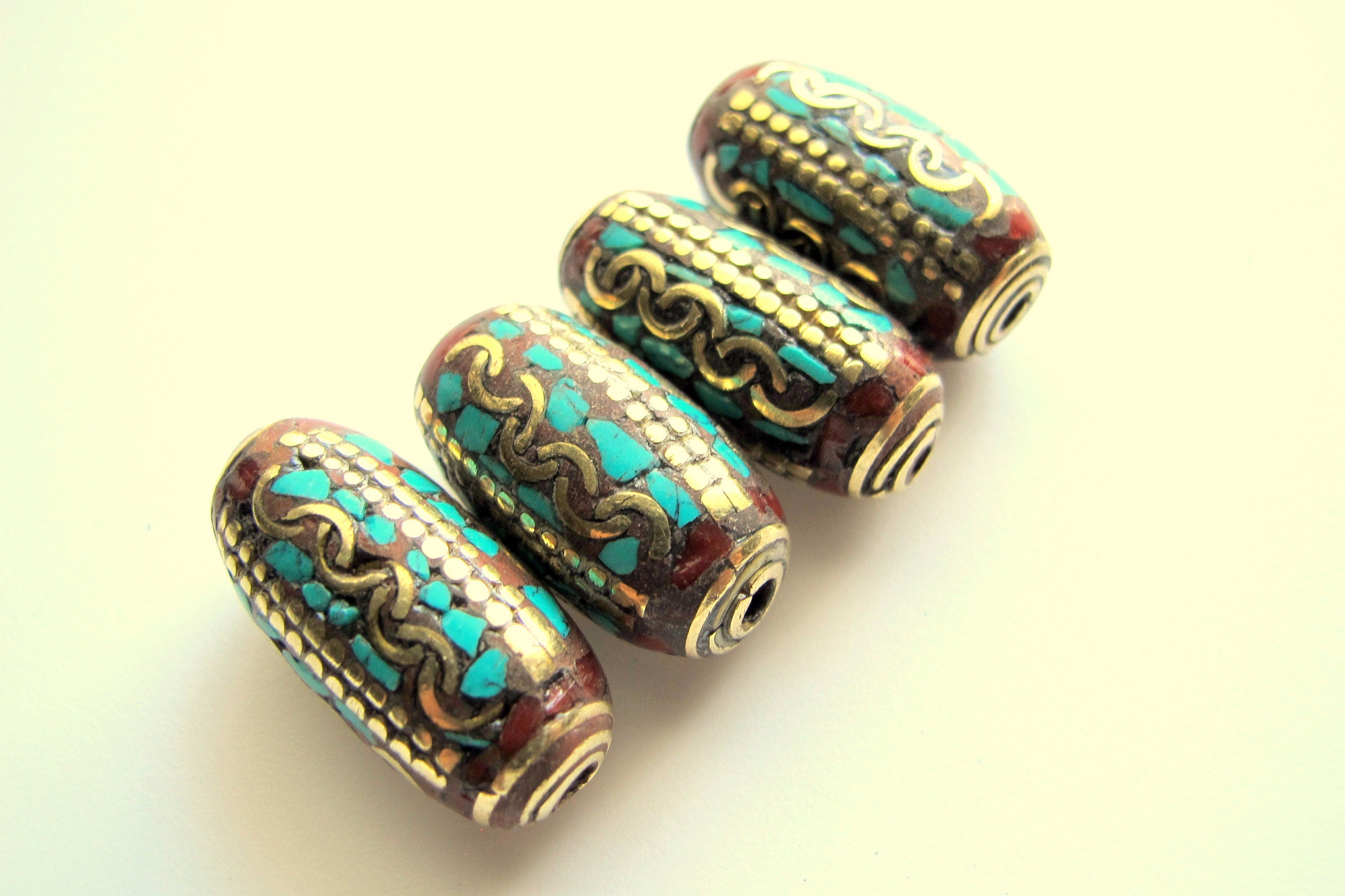1 bead - Ethnic Nepal brass beads with turquoise inlay Tibetan beads nepalbeadshop - BD447