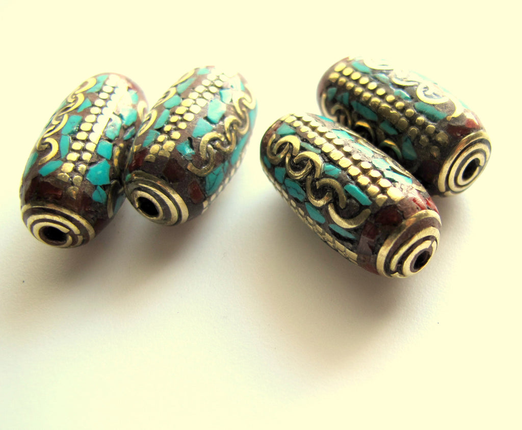 1 bead - Ethnic Nepal brass beads with turquoise inlay Tibetan beads nepalbeadshop - BD447