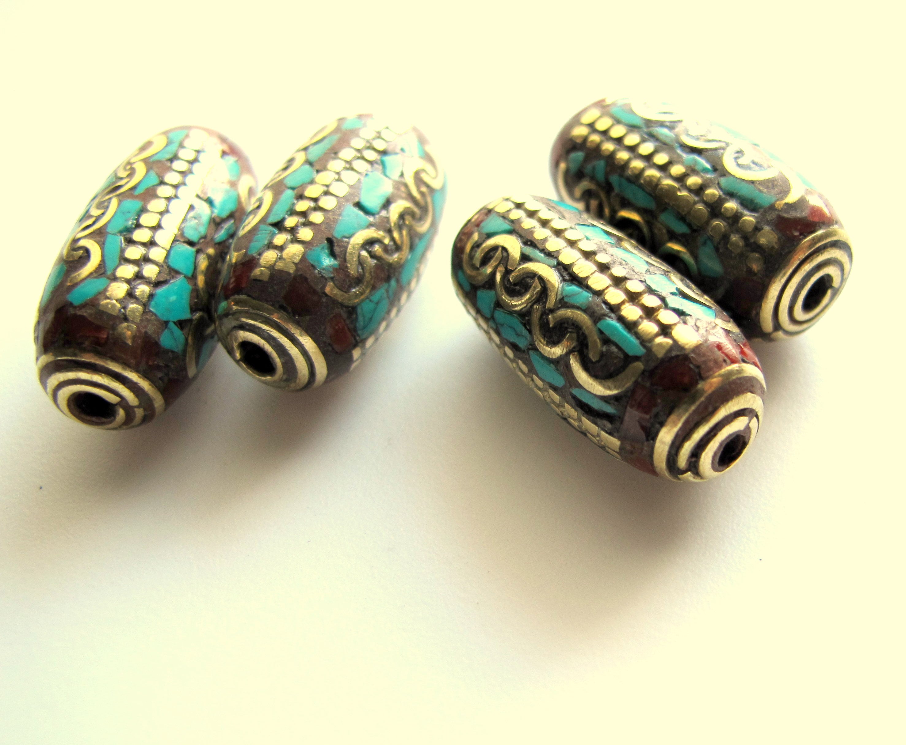 1 bead - Ethnic Nepal brass beads with turquoise inlay Tibetan beads nepalbeadshop - BD447