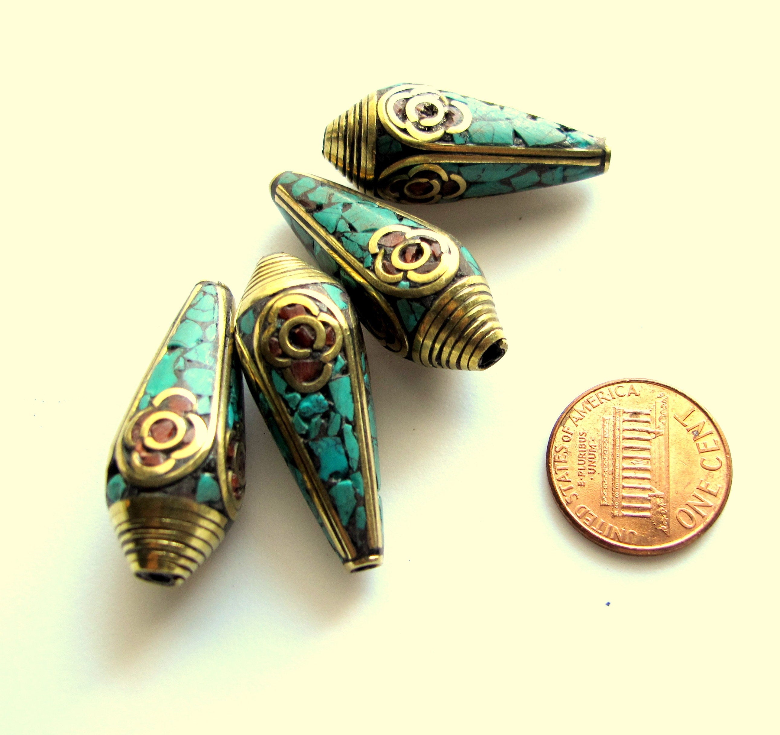 1 bead - Beautiful Ethnic Nepal Bead teardrop shape Tibetan brass beads turquoise inlaid drop beads from Nepal - BD248