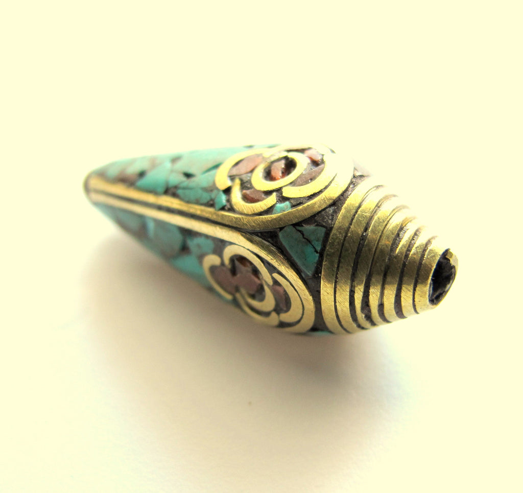 1 bead - Beautiful Ethnic Nepal Bead teardrop shape Tibetan brass beads turquoise inlaid drop beads from Nepal - BD248