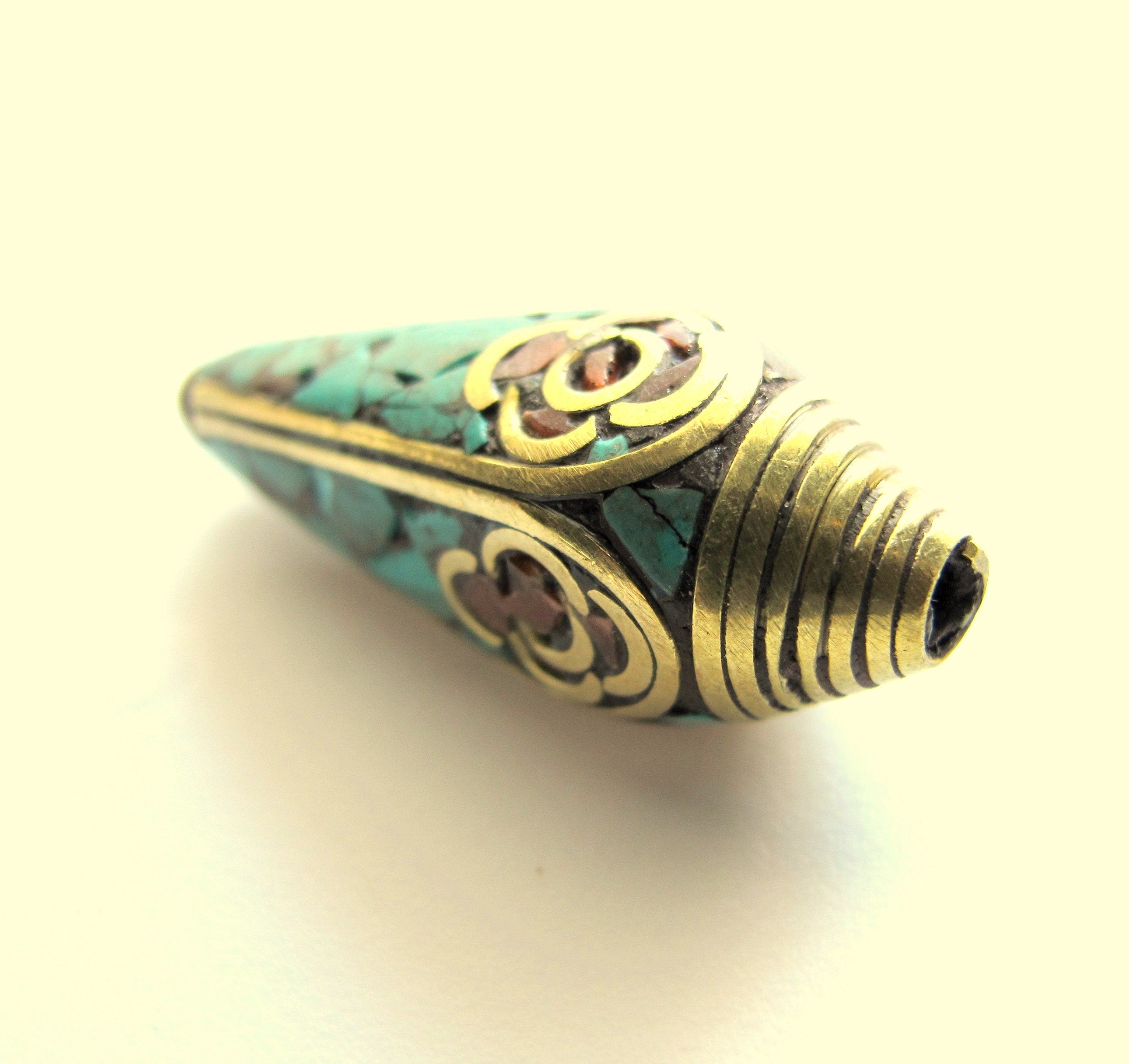 1 bead - Beautiful Ethnic Nepal Bead teardrop shape Tibetan brass beads turquoise inlaid drop beads from Nepal - BD248