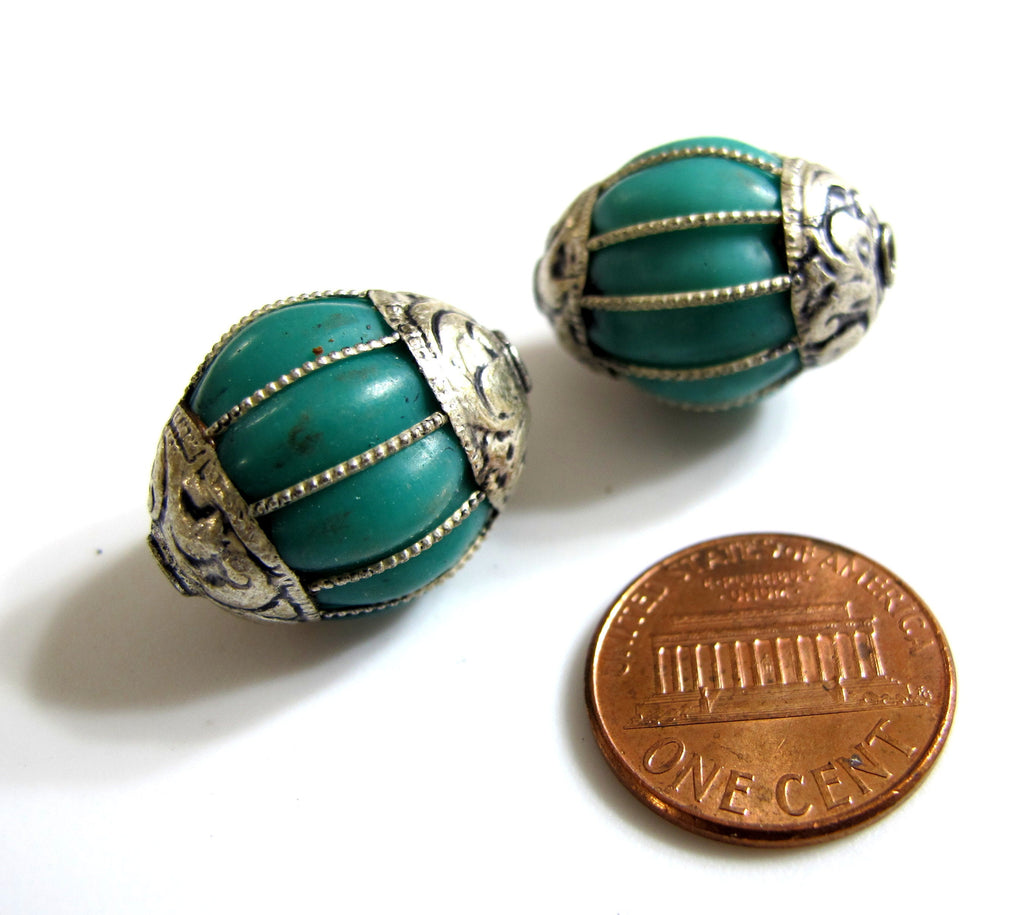 1 Bead - Tibetan silver capped turquoise gemstone beads from Nepal Tibetan beads Nepal beads - BD403